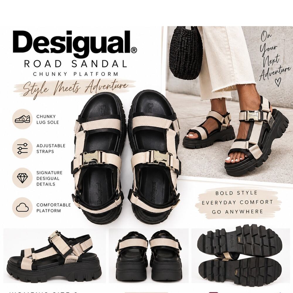Desigual Chunky Platform Sandals Beige and Black Strappy Buckle Women’s 9